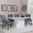 Naples White Marble Dining Set - Knocker Back Grey Velvet Fabric Dining Chair with Black Wooden Legs