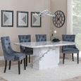 Naples White Marble Dining Set - Lion Knocker Back Grey Velvet Fabric Dining Chair with Black Wooden Legs