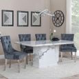 Naples White Marble Dining Set - Lion Knocker Back Grey Velvet Fabric Dining Chair with Chrome Legs