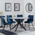 Novara Dining Set - 4 Seater - 130cm - Round - Grey Ceramic - 4x Corona Dining Chairs - Blue Fabric
