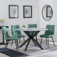 Novara Dining Set - 4 Seater - 130cm - Round - Grey Ceramic - 4x Corona Dining Chairs - Green Fabric