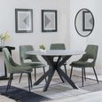 Novara Dining Set - 4 Seater - 130cm - Round - Grey Ceramic - 4x Peyton Dining Chairs - Green Fabric