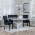 Turin Grey Marble Square Dining Set - Knocker Back Black Velvet Fabric Dining Chair with Black Wooden Legs