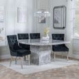 Turin Grey Marble Square Dining Set - Knocker Back Black Velvet Fabric Dining Chair with Chrome Legs