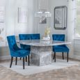 Turin Grey Marble Square Dining Set - Knocker Back Blue Velvet Fabric Dining Chair with Black Wooden Legs