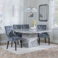 Turin Grey Marble Square Dining Set - Knocker Back Grey Velvet Fabric Dining Chair with Black Wooden Legs