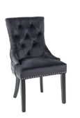 Turin Grey Marble Square Dining Set - Lion Knocker Back Black Velvet Fabric Dining Chair with Black Wooden Legs