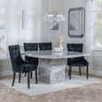 Turin Grey Marble Square Dining Set - Lion Knocker Back Black Velvet Fabric Dining Chair with Black Wooden Legs