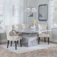 Turin Grey Marble Square Dining Set - Lion Knocker Back Champagne Velvet Fabric Dining Chair with Black Wooden Legs
