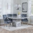 Turin Grey Marble Square Dining Set - Lion Knocker Back Grey Velvet Fabric Dining Chair with Chrome Legs