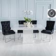 Turin White Marble Square Dining Set - Black Fabric Knocker Back Dining Chair with Chrome Legs