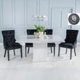 Turin White Marble Square Dining Set - Black Fabric Lion Head Ring Back Dining Chair with Black Legs