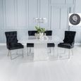 Turin White Marble Square Dining Set - Black Fabric Lion Head Ring Back Dining Chair with Chrome Legs