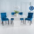 Turin White Marble Square Dining Set - Blue Fabric Knocker Back Dining Chair with Black Legs