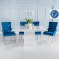 Turin White Marble Square Dining Set - Blue Fabric Knocker Back Dining Chair with Chrome Legs