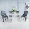 Turin White Marble Square Dining Set - Grey Fabric Knocker Back Dining Chair with Black Legs