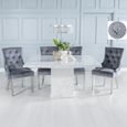 Turin White Marble Square Dining Set - Grey Fabric Lion Head Ring Back Dining Chair with Chrome Legs