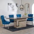 Venice Cream Marble Dining Set - Lion Knocker Back Blue Velvet Fabric Dining Chair with Chrome Legs