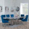 Vortex Grey Marble and Chrome Dining Set - Knocker Back Blue Velvet Fabric Dining Chair with Chrome Legs