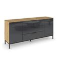 Rauch Flipp 2 Door Low Sideboard with Metal Base - 160cm - Artisan Oak and Basalt Glass