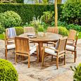 Churn Outdoor Teak Table 160cm and 8 Henley Stacking Chairs