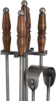 Hand Turned Fire Companion Set In Antique Pewter With Wooden Handles