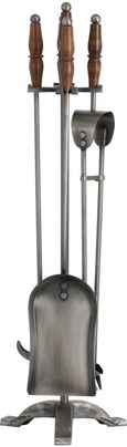 Hand Turned Fire Companion Set In Antique Pewter With Wooden Handles