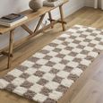 Urban Runner - Shaggy Modern Plush Pile - Cream and Brown Checkered - 80cm x 220cm