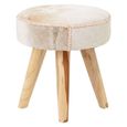Kendari Footstool - Round - Beige Leather with Teak Wood