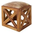 Kendari Footstool - Square - Brown Goat Leather with Teak Wood
