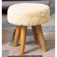 Kendari Footstool - Round - Cream Faux Fur with Teak Wood