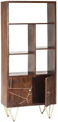 Kaza Dark Mango Wood Bookcase - Hairpin Legs with Gold Geometric Inlay