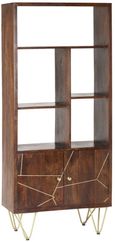 Kaza Dark Mango Wood Bookcase - Hairpin Legs with Gold Geometric Inlay