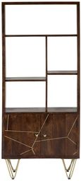 Kaza Dark Mango Wood Bookcase - Hairpin Legs with Gold Geometric Inlay