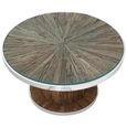 Clearance - Railway Sleeper Coffee Table with Glass Top, Round Column Base, Made from Reclaimed Wood and Steel Trim - Brand New Item
