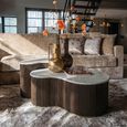 Mayfield White Marble Top 2 Tier Coffee Tables - Dark Wood Fluted Base