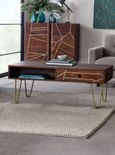 Kaza Dark Mango Wood 1 Drawer Coffee Table - Hairpin Legs with Gold Geometric Inlay