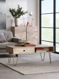 Kaza Light Mango Wood 1 Drawer Coffee Table - Hairpin Legs with Gold Geometric Inlay