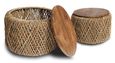 Natural Mindi Wood Set of 2 Round Coffee Table with Weaved Base