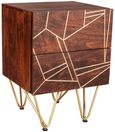 Kaza Dark Mango Wood 2 Drawer Side Table - Hairpin Legs with Gold Geometric Inlay