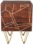Kaza Dark Mango Wood 2 Drawer Side Table - Hairpin Legs with Gold Geometric Inlay