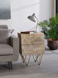 Kaza Light Mango Wood 2 Drawer Side Table - Hairpin Legs with Gold Geometric Inlay