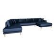 Lido U-Sofa - Open End - Dark Blue - Velvet Fabric - Natural Legs - RHF