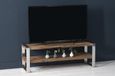 Clearance - Railway Sleeper TV Bench with Glass Top, 120cm Open TV Unit, Stand Upto 50in Plasma, Made from Reclaimed Wood - Brand New Item