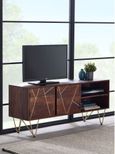 Kaza Dark Mango Wood 140cm TV Unit - Hairpin Legs with Gold Geometric Inlay