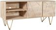 Kaza Light Mango Wood 140cm TV Unit - Hairpin Legs with Gold Geometric Inlay