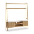 Soho Oak TV Unit - Slatted Ladder Large Storage - White Marble Top