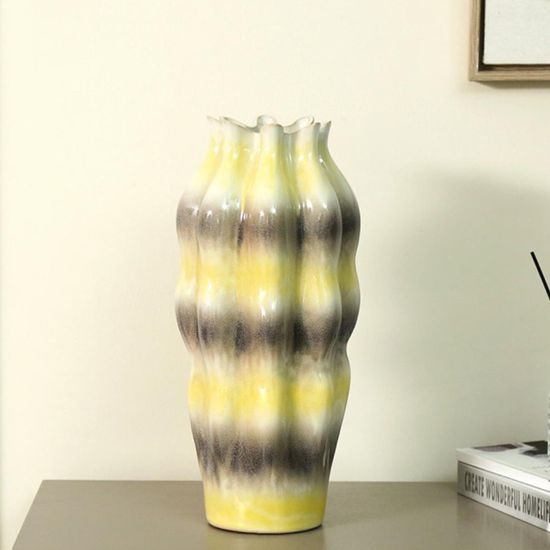 Beige and Grey Stripes Ceramic Large Vase