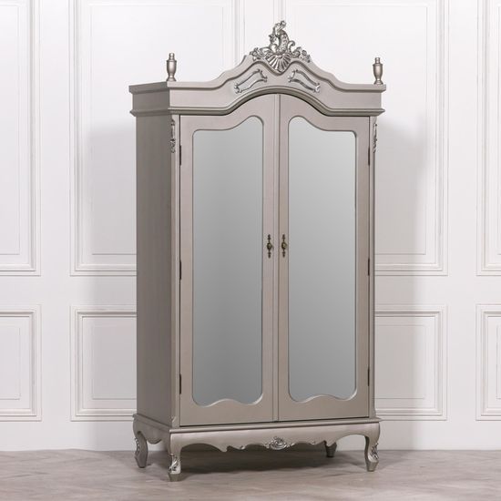French Style Antique Silver 2 Door Mirror Armoire Wardrobe