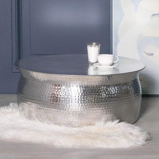 Silver Aluminium Hammered Round Coffee Table